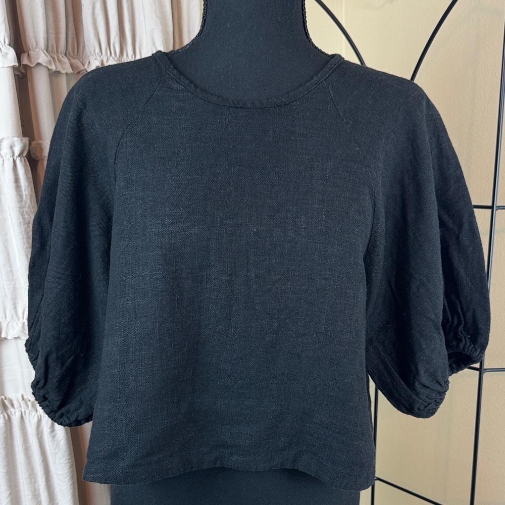 House of Harlow 1960 Black Linen Puff Sleeve Blouse Top Tie Back Size Small